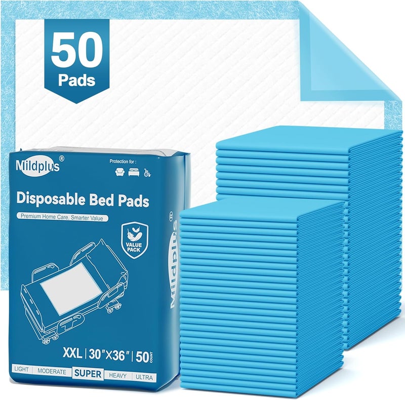 MILDPLUS 50 Count Disposable Bed Pads 30''X36'' Super Absorbent Underpads, Disposable Extra Large Chucks Pads Incontinence Pads for Adults and Kids, Dog Training Pads - Image 1